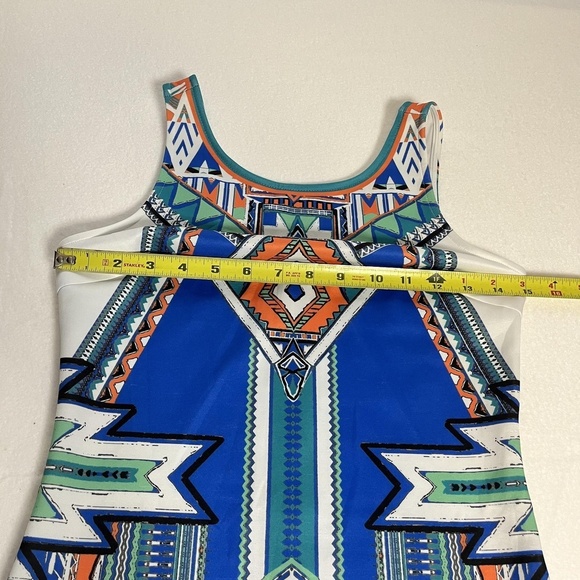 Peach Puff Dress Womens Small Blue Green Aztec Sleeveless Bodycon Geometric Mini - Picture 11 of 14